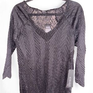 Komarov Black Textured Pleated V-Neck Blouse NWT – Elegant 3/4 Sleeve Top